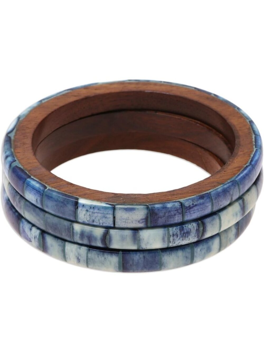 Handmade Bone & Mango Wood Bangles Set of 3 - Blue & Brown Bracelets, 8" Circ.